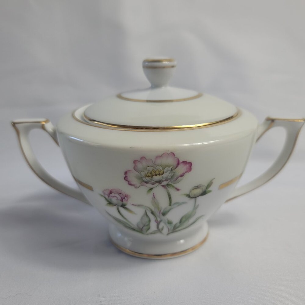 Mikado Harmony Sugar Bowl with Lid Cream Rim Pink Floral Center